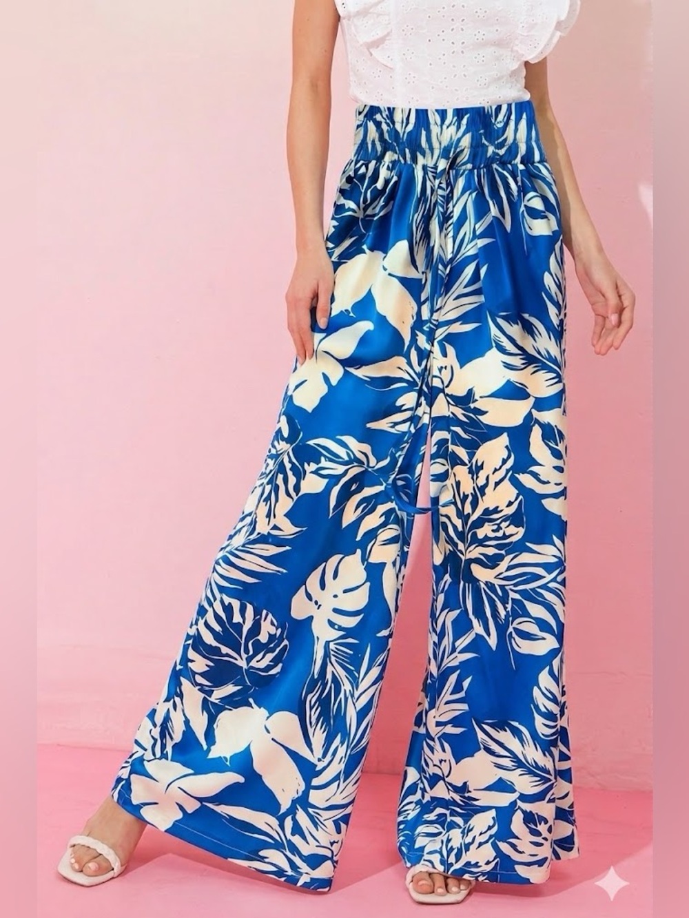 Flying Tomato Blue White Boho Chic Tropical Floral Wide Leg Palazzo Pants Small